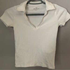 Hollister Ribbed Collared V-Neck Top White Size XXS